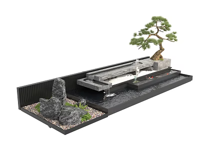 Serene Water Fountain Garden Landscape With Rockery Pine Tree And Flowing Water 3d model