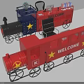 Red Train Shaped Reception Desk With Welcome Sign Computer And Plant
