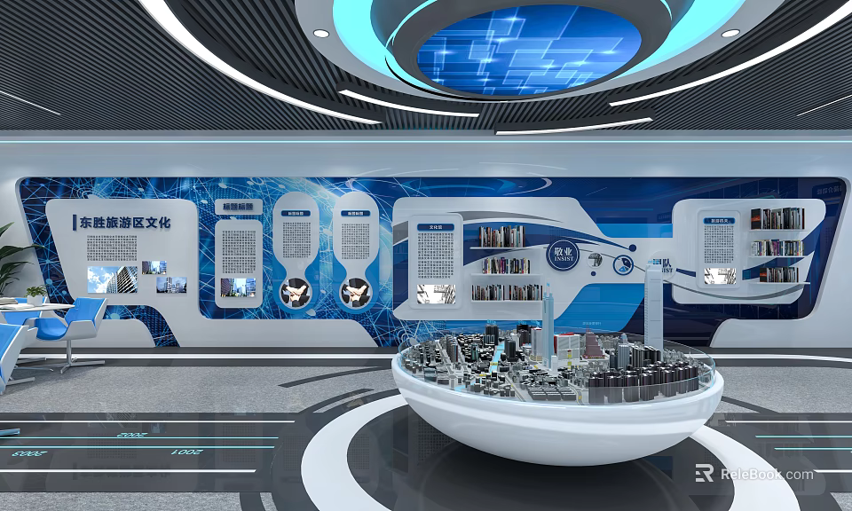 Hi tech Exhibition Hall Featuring Blue Background Circular Platform Display Models And Information Panels 3d model 