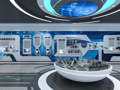 Hi tech Exhibition Hall Featuring Blue Background Circular Platform Display Models And Information Panels 3d model