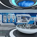 Hi tech Exhibition Hall Featuring Blue Background Circular Platform Display Models And Information Panels