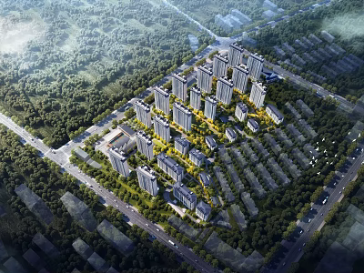 Aerial Planning of Modern Residential Area With High Rise Buildings Greenery and Road Layout 3d model