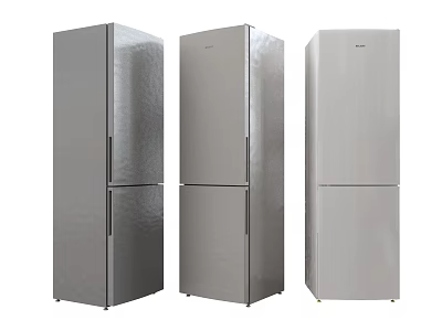 Three Modern Stainless Steel Upright Double Door Refrigerators For Home Kitchen Appliances 3d model