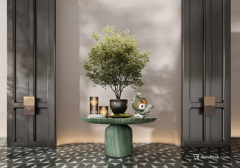 Modern Console Table Green Base Potted Plant Decorative Items Gray Wall Dark Doors Geometric Floor 3d model 