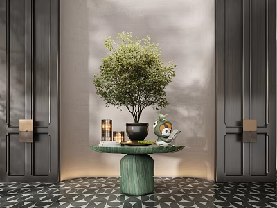 Modern Console Table Green Base Potted Plant Decorative Items Gray Wall Dark Doors Geometric Floor 3d model