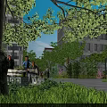 Residential Garden Landscape Featuring Large Trees Bench Seating Lush Greenery And People Relaxing