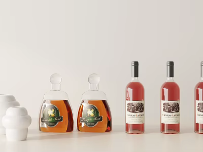Elegant Wine Bottles And Glasses Displayed On White Table With Unique Designs 3d model