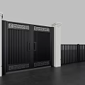 Chinese Style Double Leaf Black Security Door with Golden Circular Patterns and White Pillars 3d model