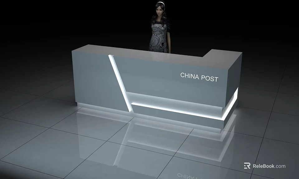 Modern China Post Reception Desk With Illuminated Design And Staff Standing 3d model 