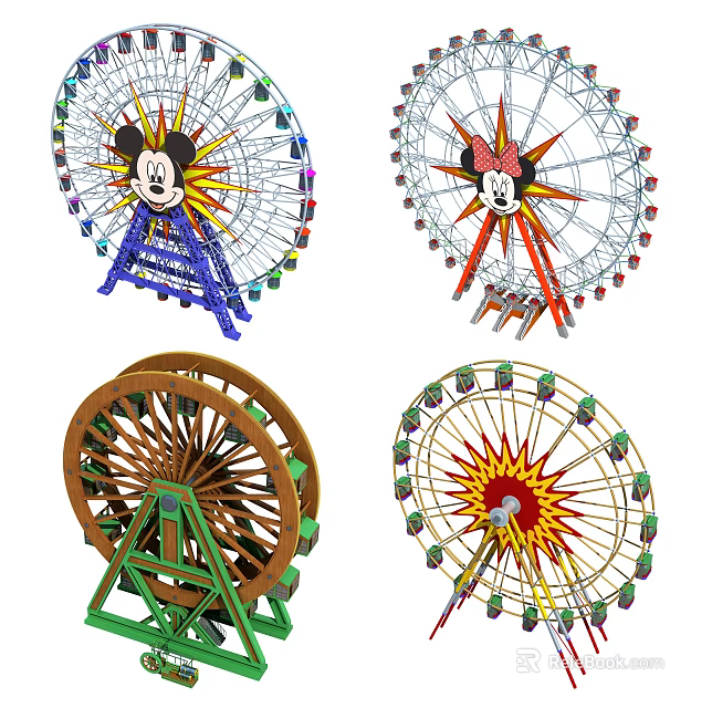 Colorful Themed Ferris Wheels With Cartoon Character Designs And Varied Structures For Amusement Parks 3d model 