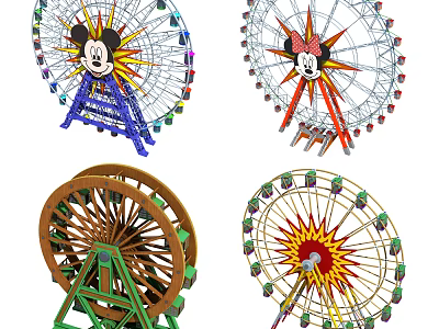 Colorful Themed Ferris Wheels With Cartoon Character Designs And Varied Structures For Amusement Parks 3d model