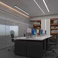 Modern Public Office Space Interior With Workstations Computers Bookshelves And Glass Partitions