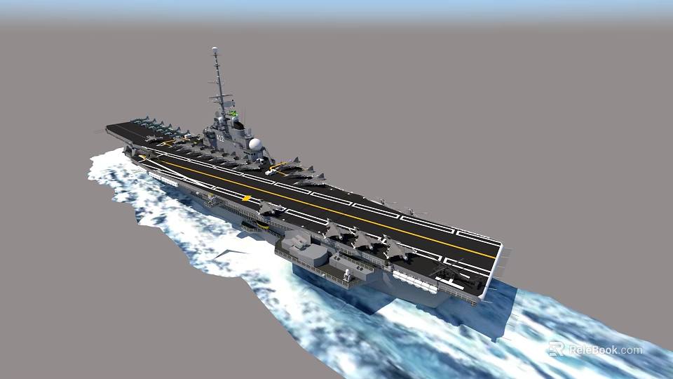 Military Aircraft Carrier Sailing On Open Sea With Flight Deck And Waves 3d model 
