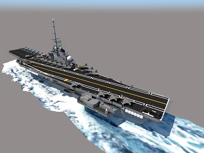 Military Aircraft Carrier Sailing On Open Sea With Flight Deck And Waves 3d model
