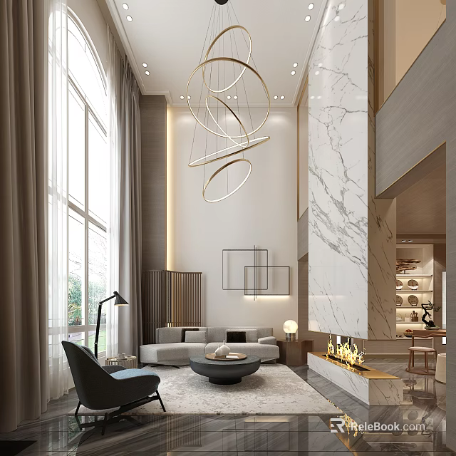 Elegant Modern Duplex Living Room Interior With High Ceiling Circular Chandeliers And Marble Walls 3d model 