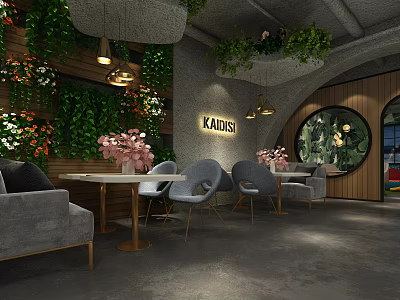 Living Plant Wall Decor In Modern Restaurant Interior With Wooden Elements And Pendant Lights 3d model