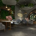 Living Plant Wall Decor In Modern Restaurant Interior With Wooden Elements And Pendant Lights