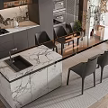 Modern Open Kitchen Dining Table Set With Marble Countertop And Black Chairs 3d model