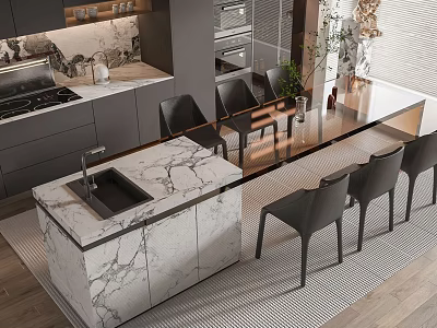 Modern Open Kitchen Dining Table Set With Marble Countertop And Black Chairs 3d model