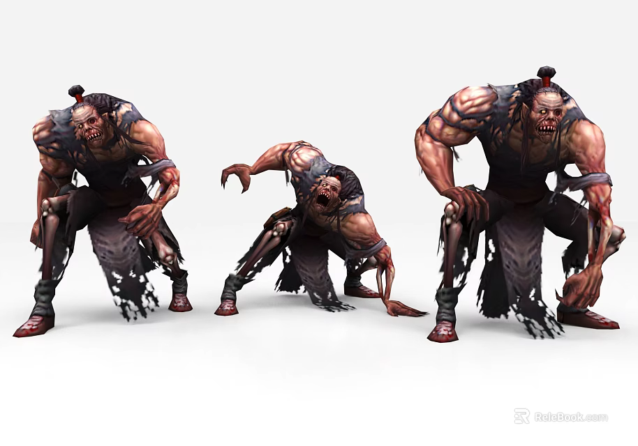 Muscular Game Movie Villain Characters with Tattered Clothing and Sharp Claws in Different Poses 3d model 