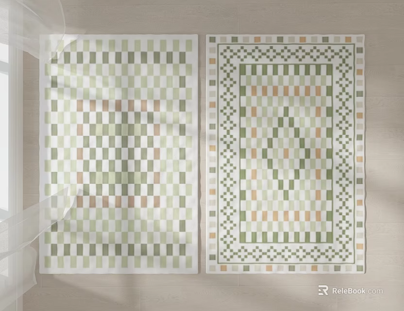 Modern Square Rugs Featuring Geometric Patterns Green Beige Tones Checkered Design And Decorative Borders 3d model 