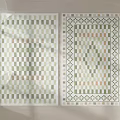 Modern Square Rugs Featuring Geometric Patterns Green Beige Tones Checkered Design And Decorative Borders