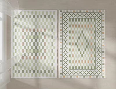 Modern Square Rugs Featuring Geometric Patterns Green Beige Tones Checkered Design And Decorative Borders 3d model