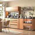 Wooden Sideboard in Modern Kitchen with Storage Cabinets Microwave Coffee Maker Dishes and Glasses