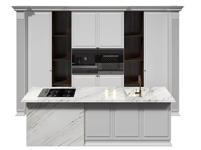 Modern Kitchen Cabinets Featuring White And Dark Wood Design With Marble Island Countertop 3d model