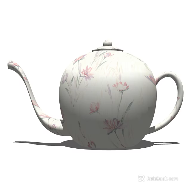 Elegant White Teapot With Pink Floral Pattern And Rounded Shape Design 3d model