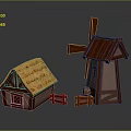 Wooden Building Set With Thatch Roof Cottage Windmill Fence And Small Bucket