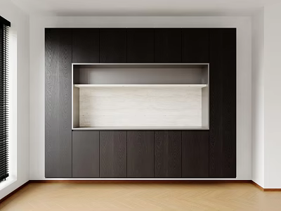 Modern Built In Dark Wood Sideboard With Light Marble Shelf And White Wall 3d model
