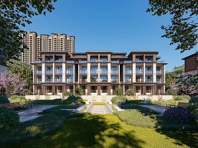 Modern Townhouse Exterior Design With Multi Unit Structure Green Lawn And Landscaped Garden 3d model
