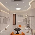 Modern Clothing Store Interior With Metal Racks Orange Armchair And Round Mirror