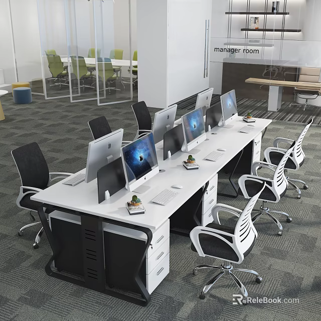 Modern Office Work Desk With Multiple Computer Monitors And Black White Office Chairs 3d model 