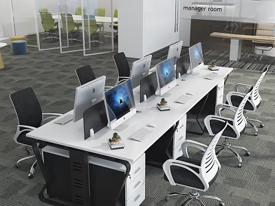 Modern Office Work Desk With Multiple Computer Monitors And Black White Office Chairs 3d model
