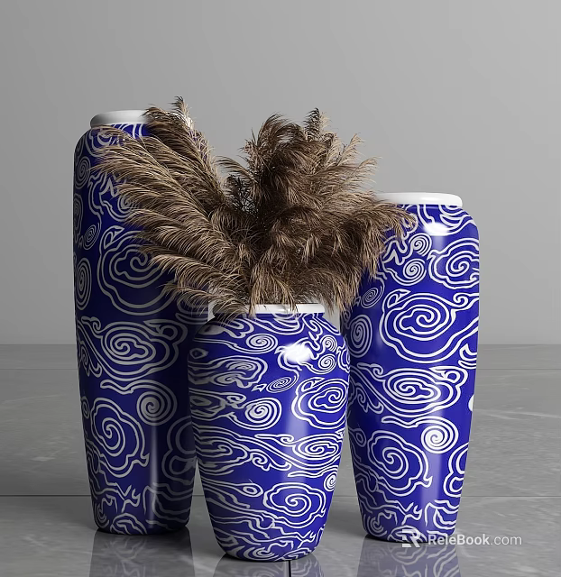 Elegant Decorative Ornament Set With Blue White Cloud Pattern Vases And Brown Feather 3d model 