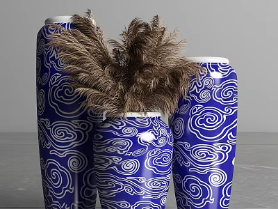 Elegant Decorative Ornament Set With Blue White Cloud Pattern Vases And Brown Feather 3d model