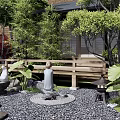 Traditional Japanese Courtyard Garden With Pruned Pine Trees Stone Lantern And Wooden Deck