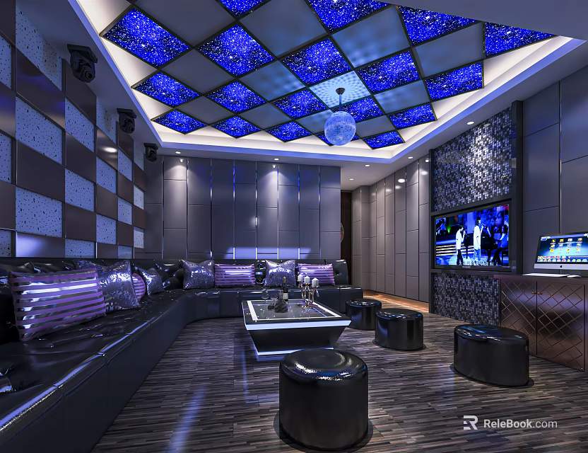 Modern Luxurious KTV Interior With Blue Checkered Starry Ceiling Leather Sofas And Coffee Table 3d model