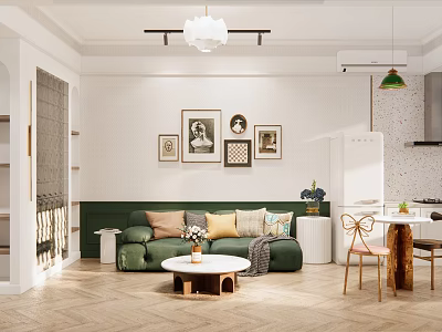 Modern Living Room Dining Area Interior Design With Green Sofa Wooden Furniture Framed 3d model