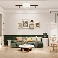Modern Living Room Dining Area Interior Design With Green Sofa Wooden Furniture Framed