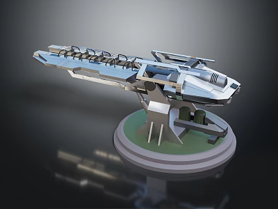 Futuristic Multi Barrel Weapon Design With Metallic Structure And Display Stand 3d model