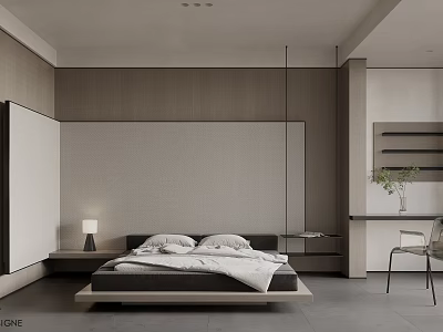 Modern Minimalist Bedroom Interior Design With Platform Bed Nightstand Table Lamp And Textured Wall 3d model