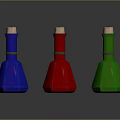Colorful Conical Bottles With Wooden Corks And Reflections On Gray Background