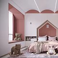 Cozy Kids Room Interior With Pink Bed Arched Decor Stuffed Toys And Bookshelves