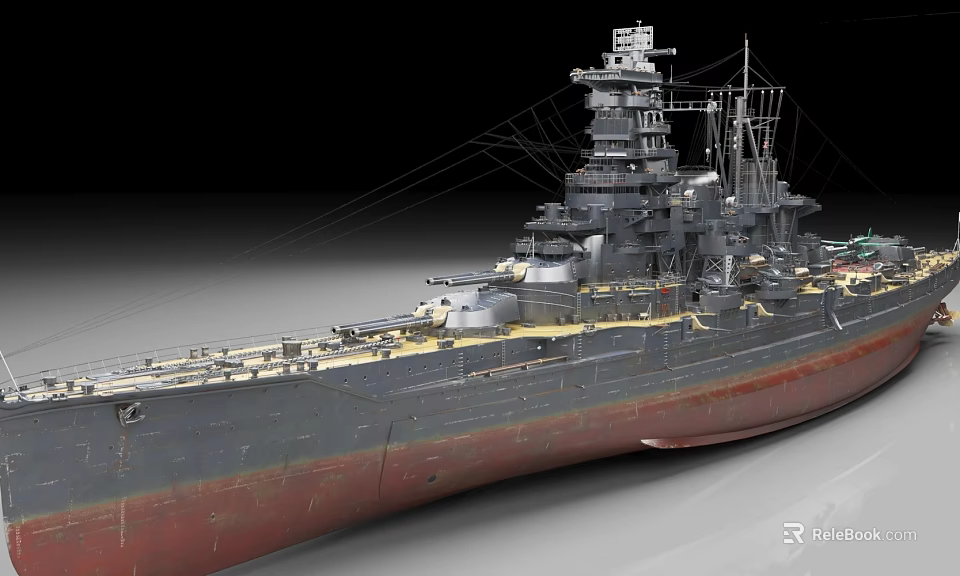 Vintage Battleship Warship Model With Detailed Upper Structure Gray Hull And Red Bottom 3d model 