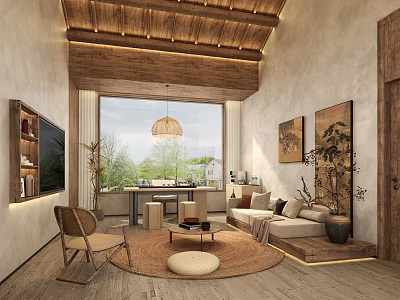 Hotel Public Lounge With Wooden Ceiling Large Windows Cozy Sofa And Decorative Paintings 3d model
