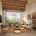 Hotel Public Lounge With Wooden Ceiling Large Windows Cozy Sofa And Decorative Paintings