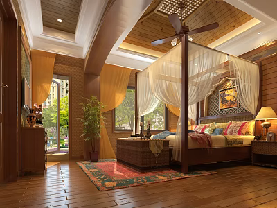 Hotel Room Interior With Wooden Ceiling Canopy Bed Ceiling Fan And Colorful Rug 3d model